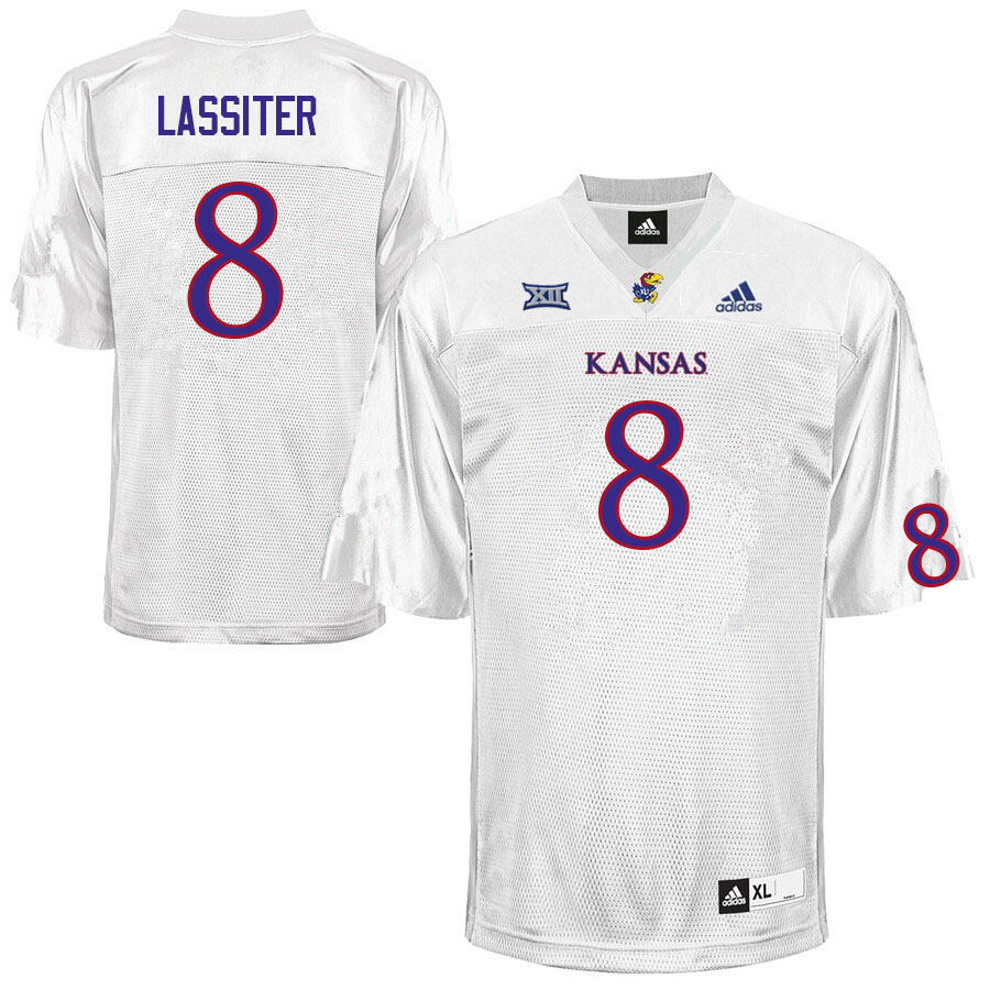 Men #8 Kwinton Lassiter Kansas Jayhawks College Football Jerseys Sale-White - Click Image to Close
